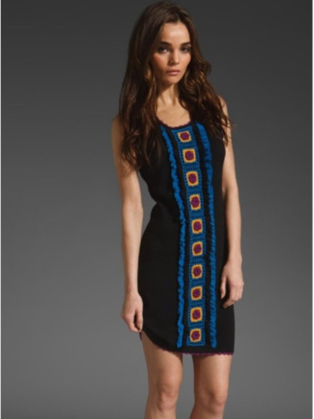 Nanette Lepore Never Leave Shift Dress Black Noir Multi Color Crochet Squares XS